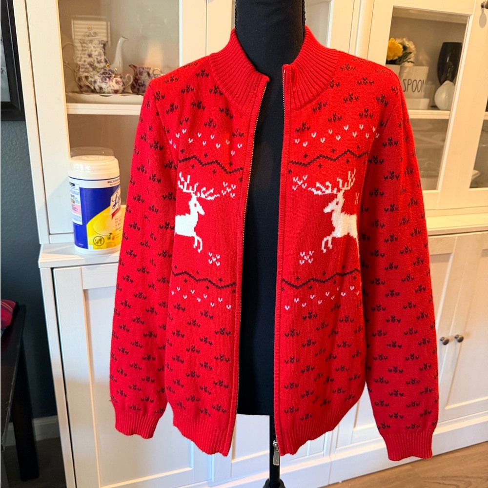 Talbots Red Zip Up Sweater with Reindeer Design